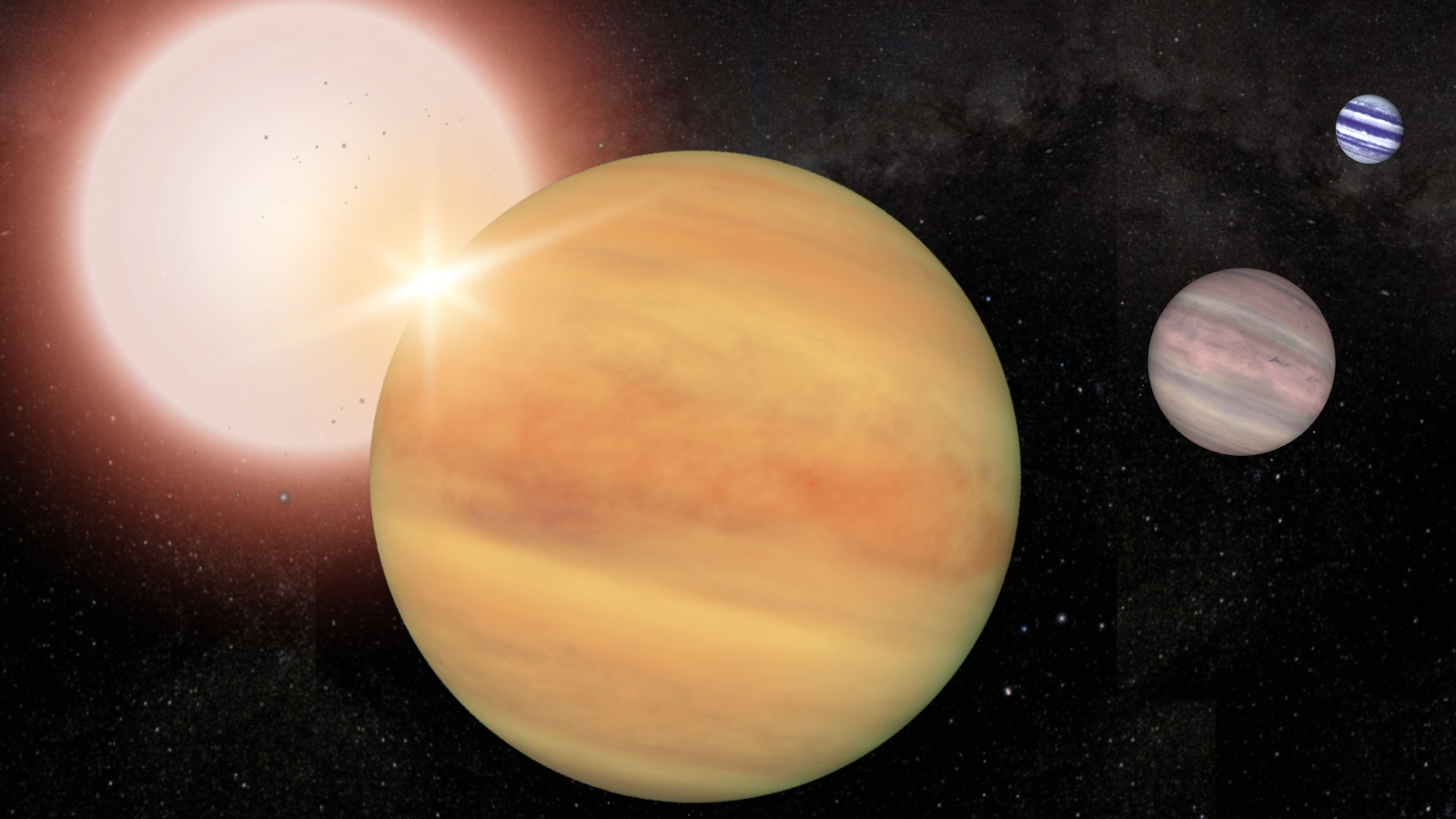 three striped planets next to a bright star, on a black starry background