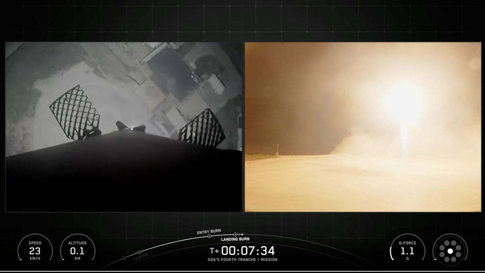 two views of a rocket landing at night — one from the rocket itself and the other from off to the side