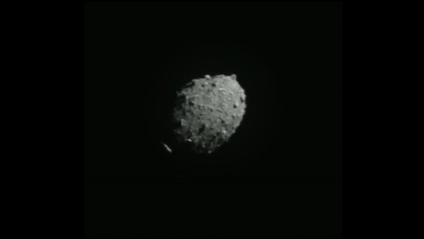 a lumpy grey space rock increases in size on a black background