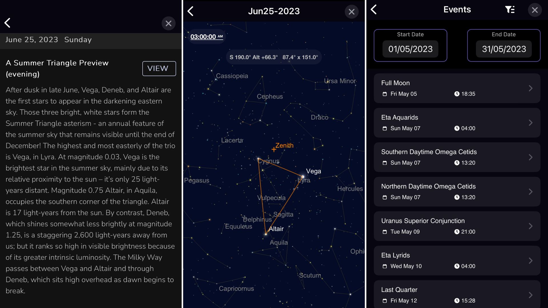 Calendar view with an example of the Summer Triangle asterism set against the night sky.