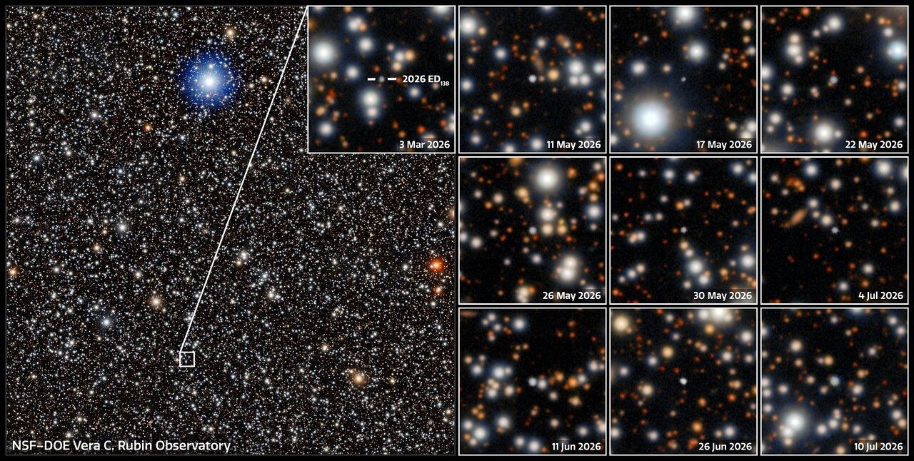 mosaic of 10 images showing closeups of patches of a starry sky, which is seen in an image on the left