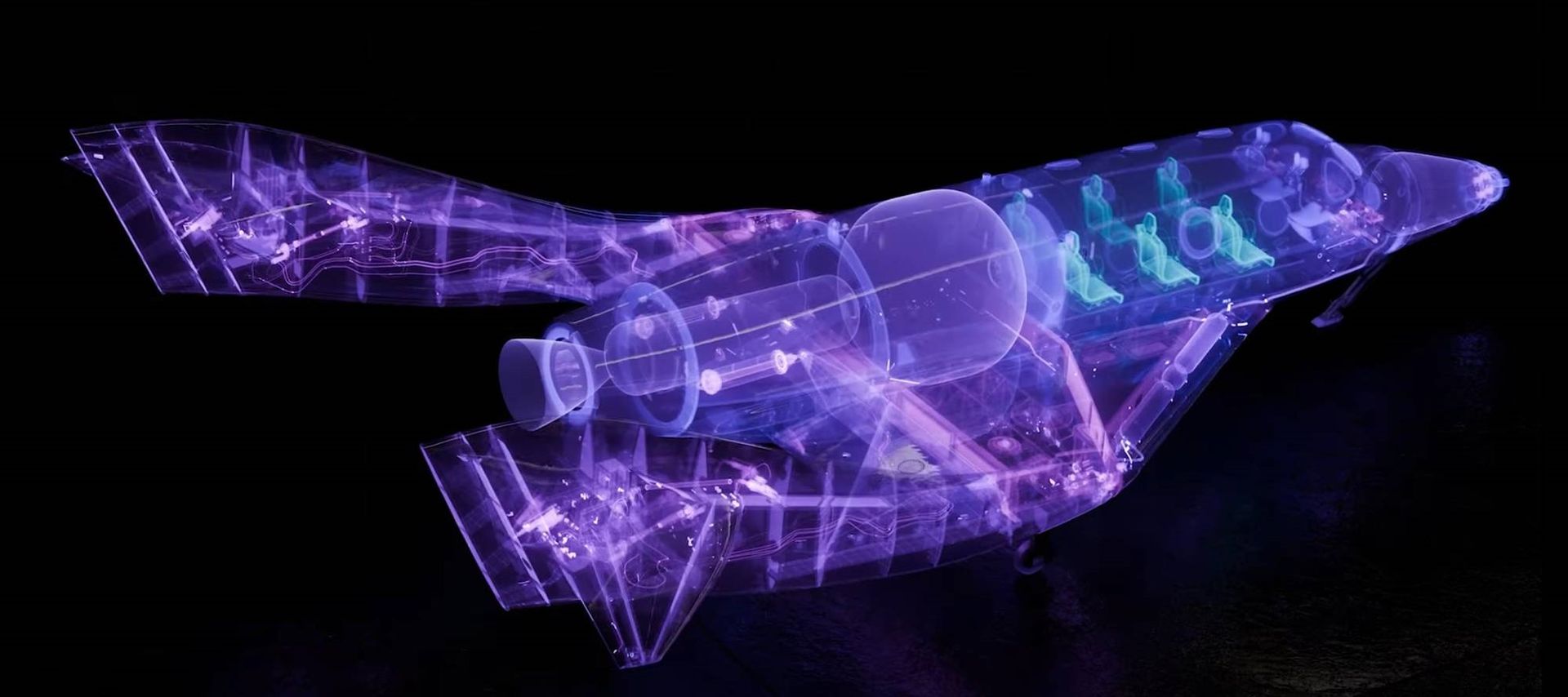 a see-through rendering of a v-shaped aircraft on  a plain black background