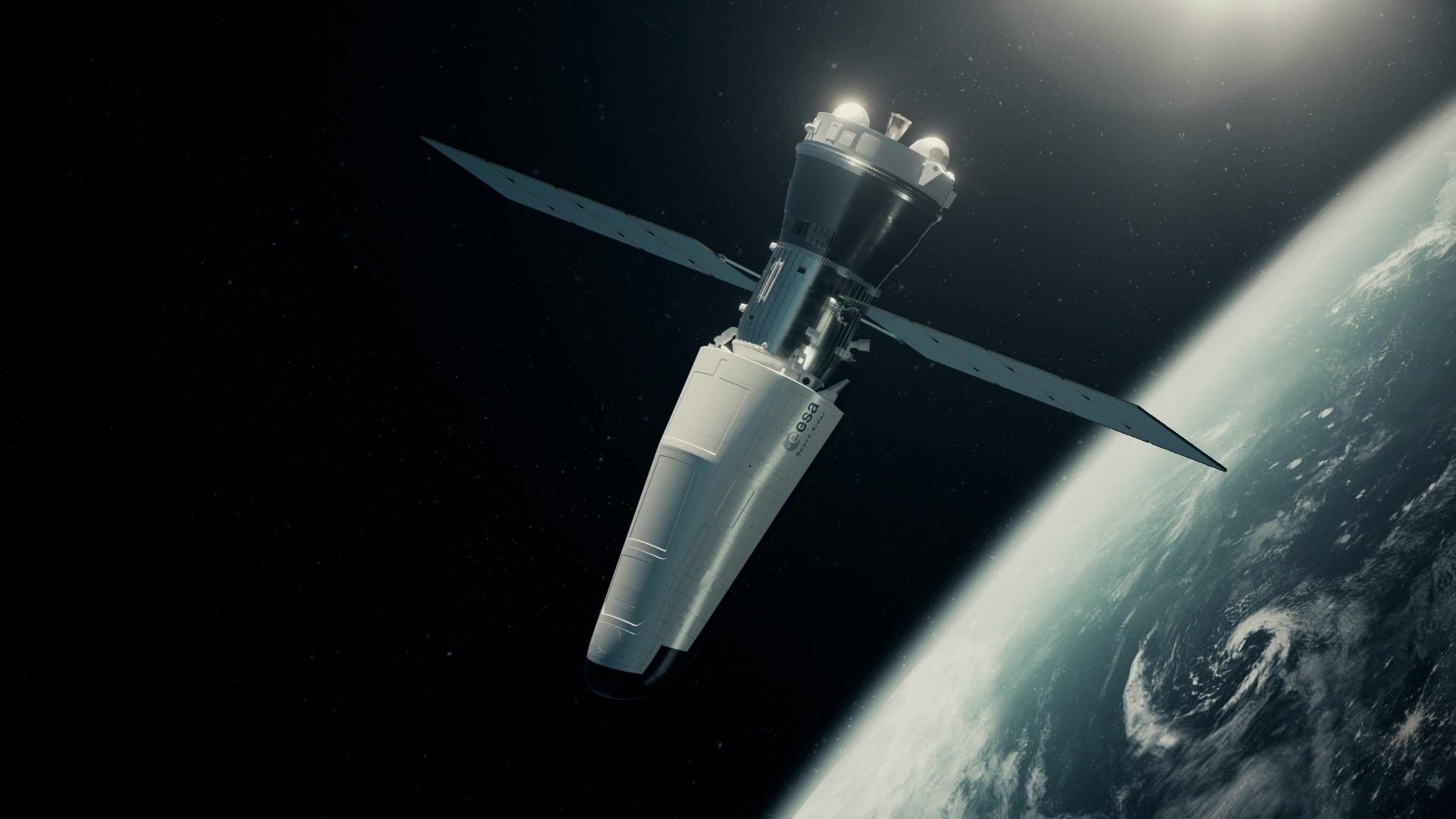 a sleek pointy spacecraft with solar panels above Earth.
