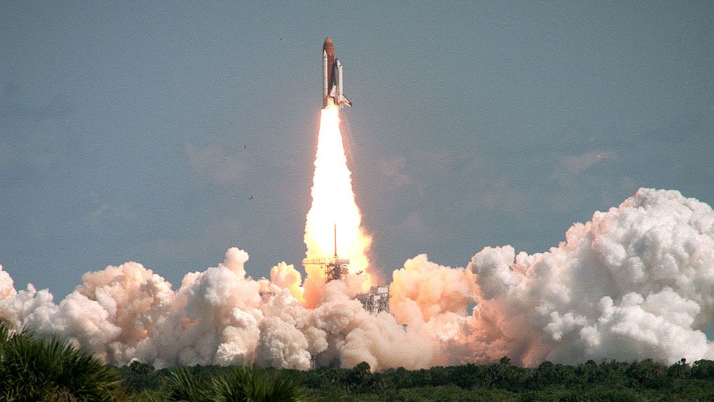 The Space Shuttle Columbia (STS-52) launches from NASA's Kennedy Space Center on Oct. 22, 1992.