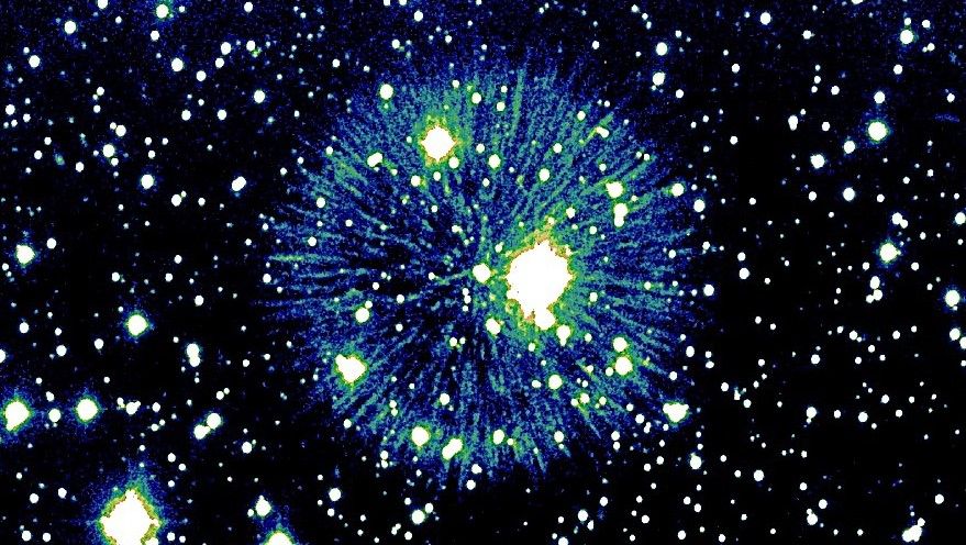A spikey blue sphere against a starry background
