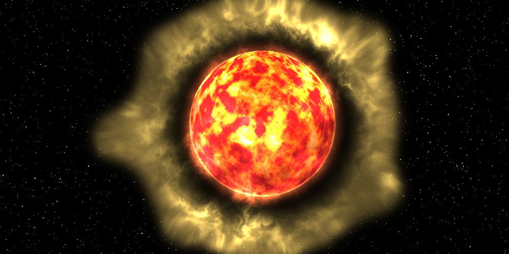 A red sphere surrounded by a halo of yellow smoke