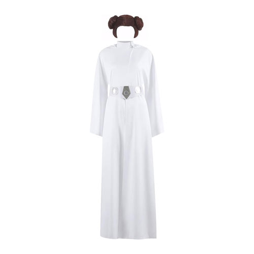 A Princess Leia costume with wig on a white background.