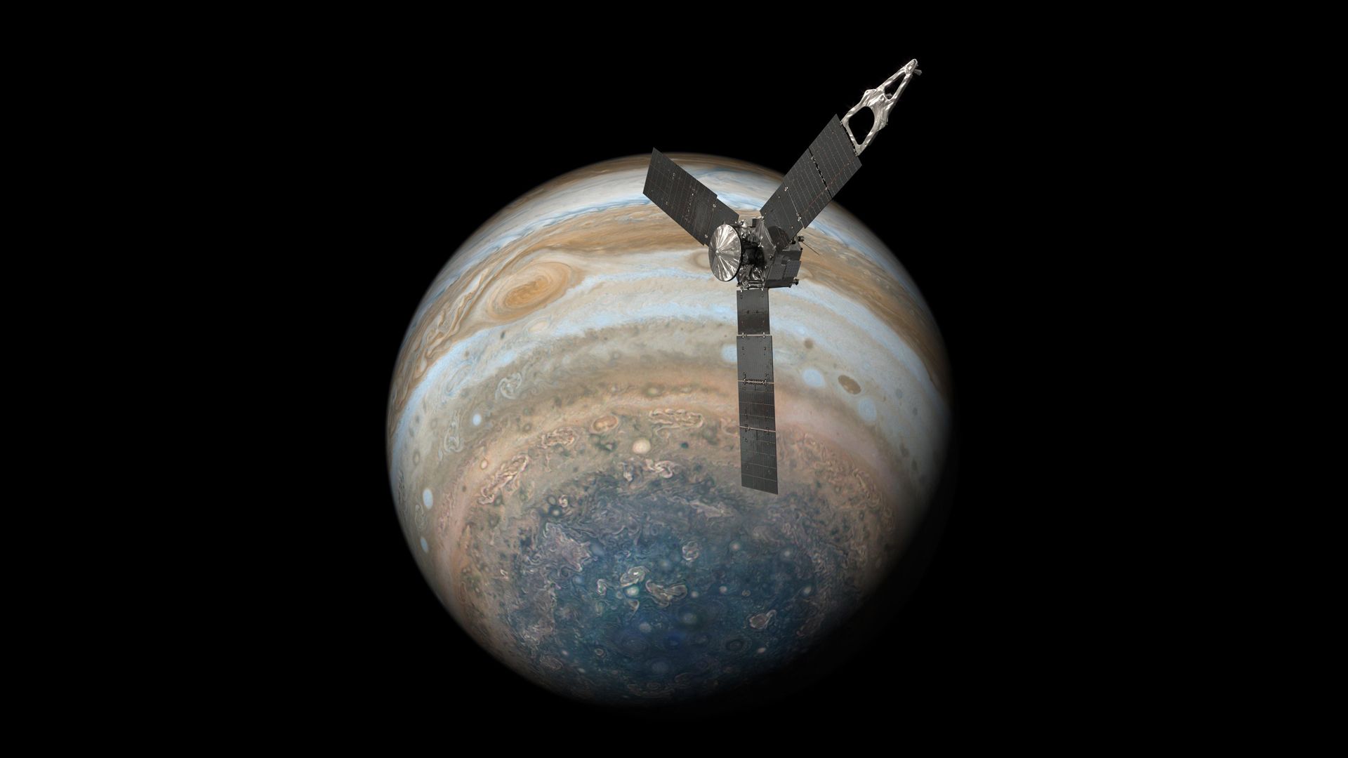 a spacecraft shaped like a three-pronged star above a striped planet