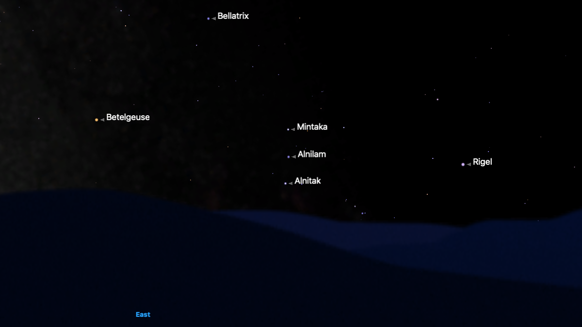 Star map show the Orion constellation stars: Betelgeuse, Rigel, Bellatrix with Alnitak, Alnilam, and Mintaka making up 
