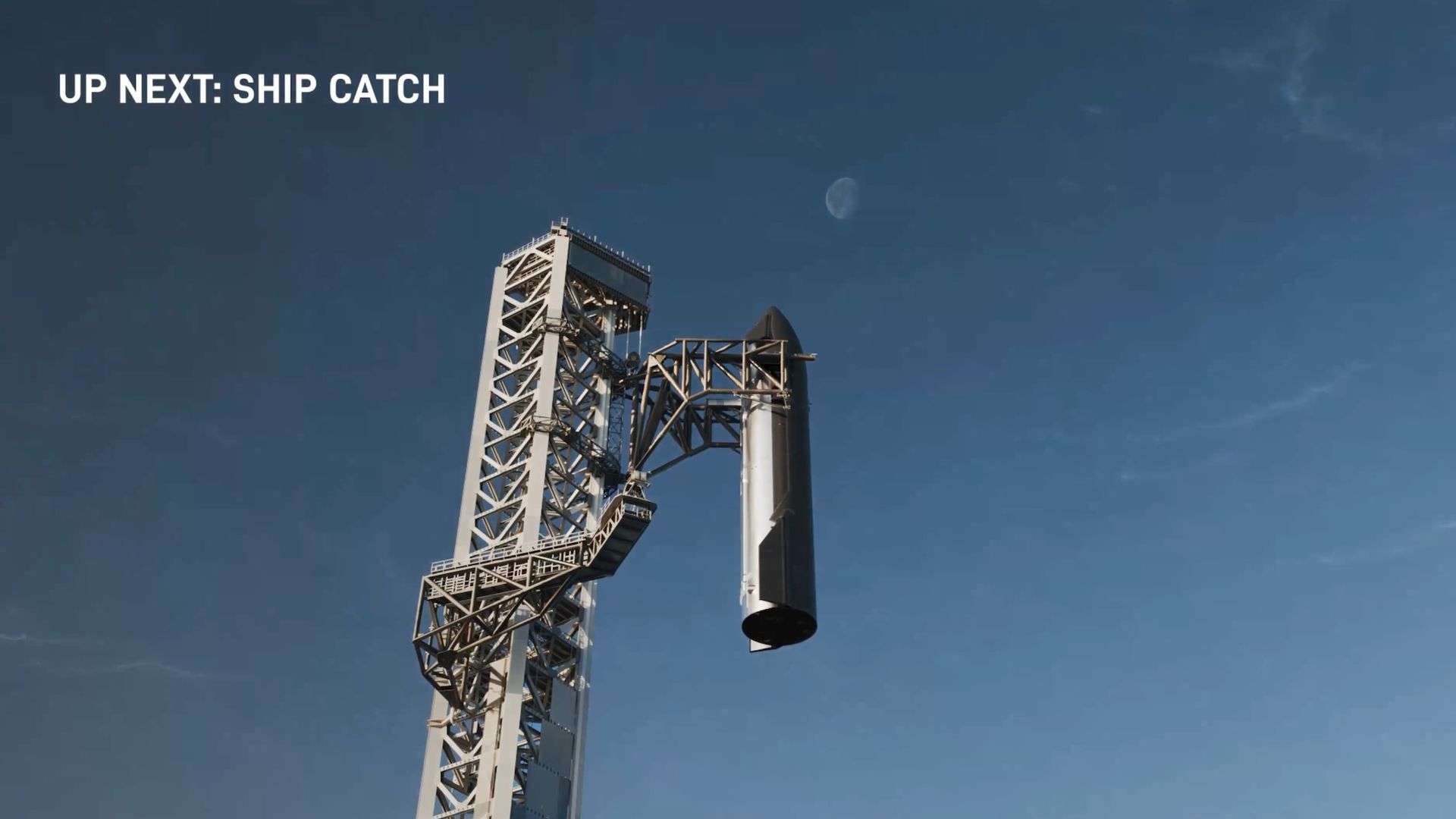 illustration of a silver spacecraft suspended in midair by the metallic arms of a launch tower