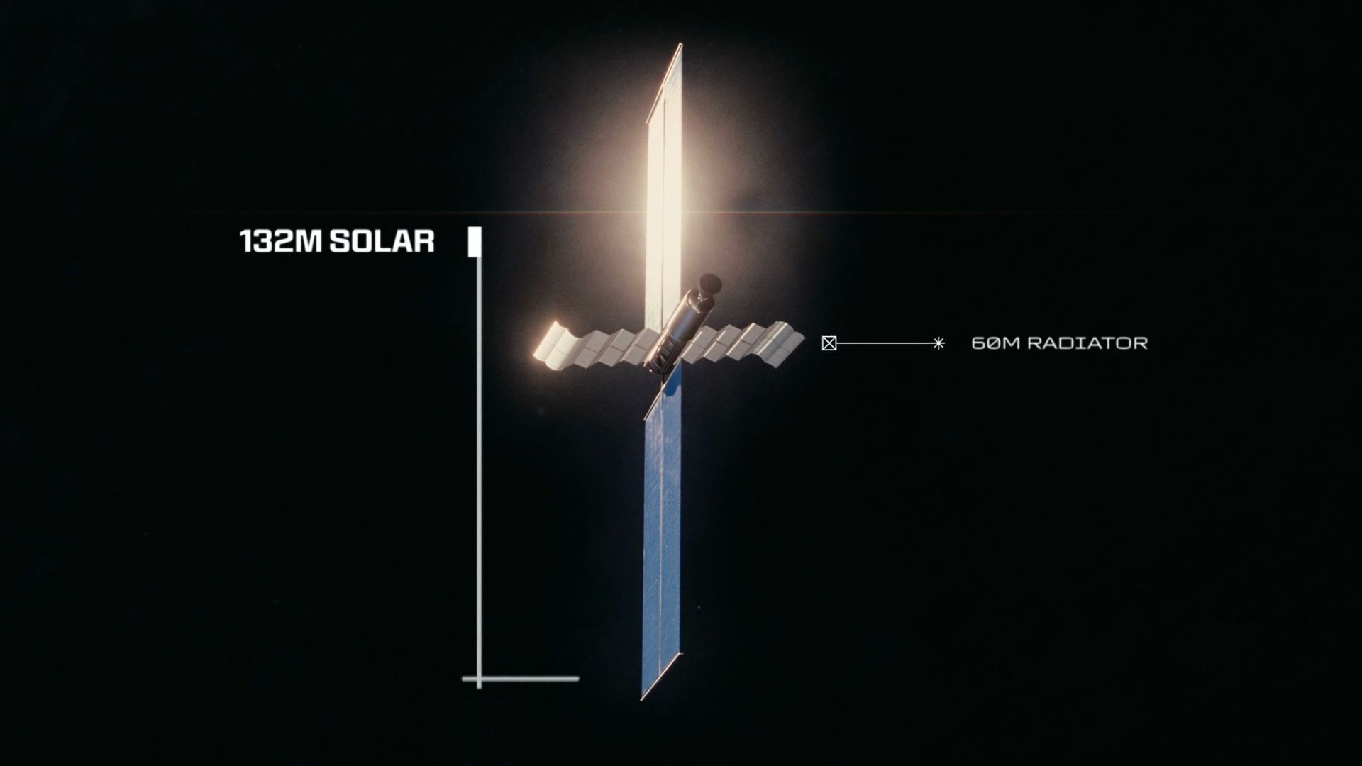 illustration of a satellite with a large blue solar array against a black background