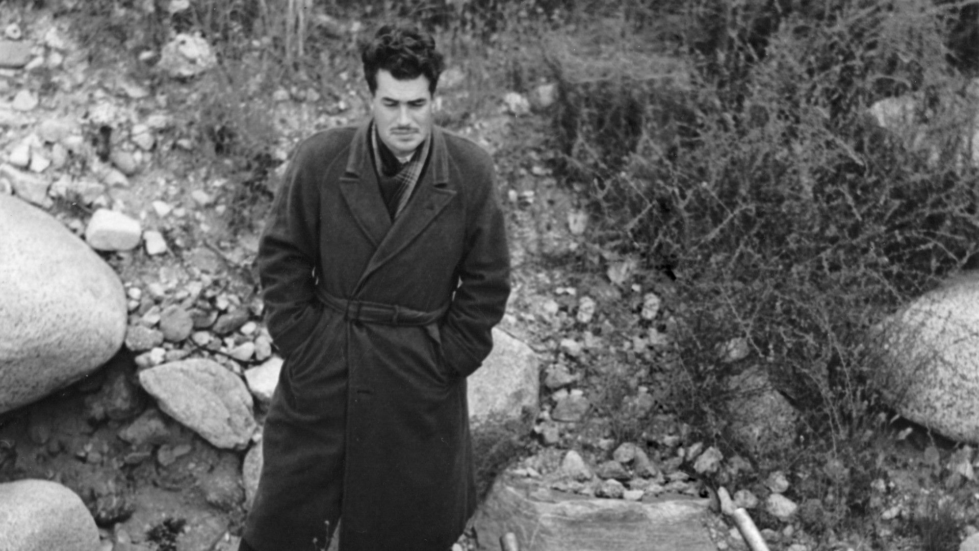 a mustachioed man stands in the desert in a wool duster