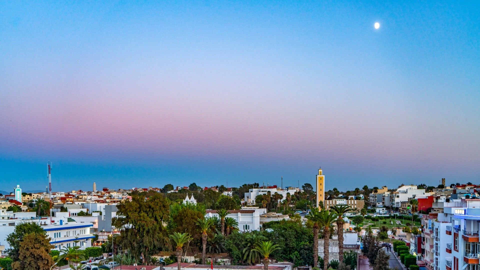 Cityscape at dusk, with low white buildings, lush palms, and a slender minaret beneath a pastel pink-and-blue sky and bright moon.