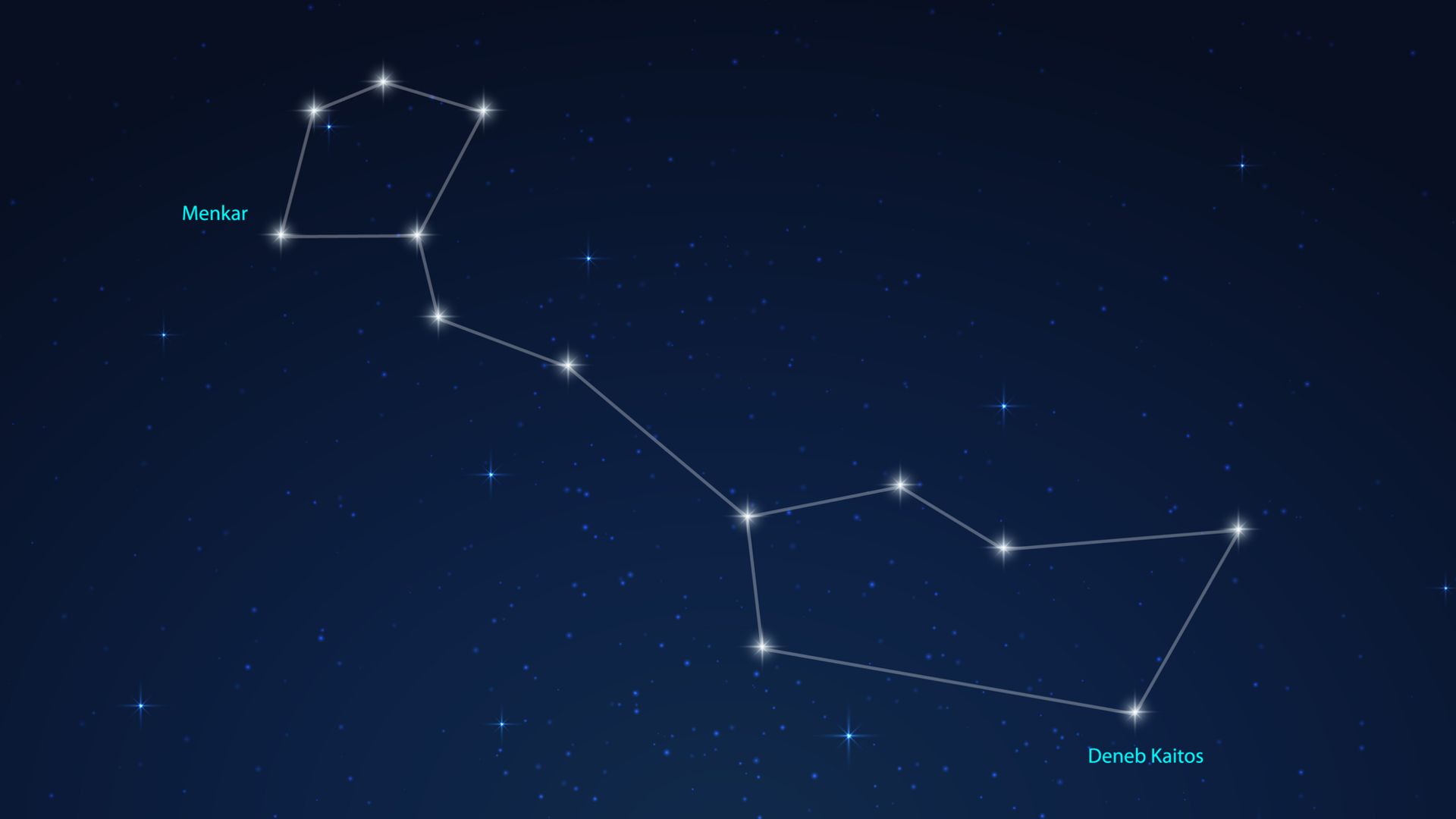 The stars of the constellation Cetus are shown shining in a simulated night sky joined by shin lines that reveal the classical outline of the constellation.