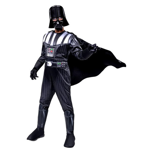 A child wearing the Darth Vader costume on a white background.