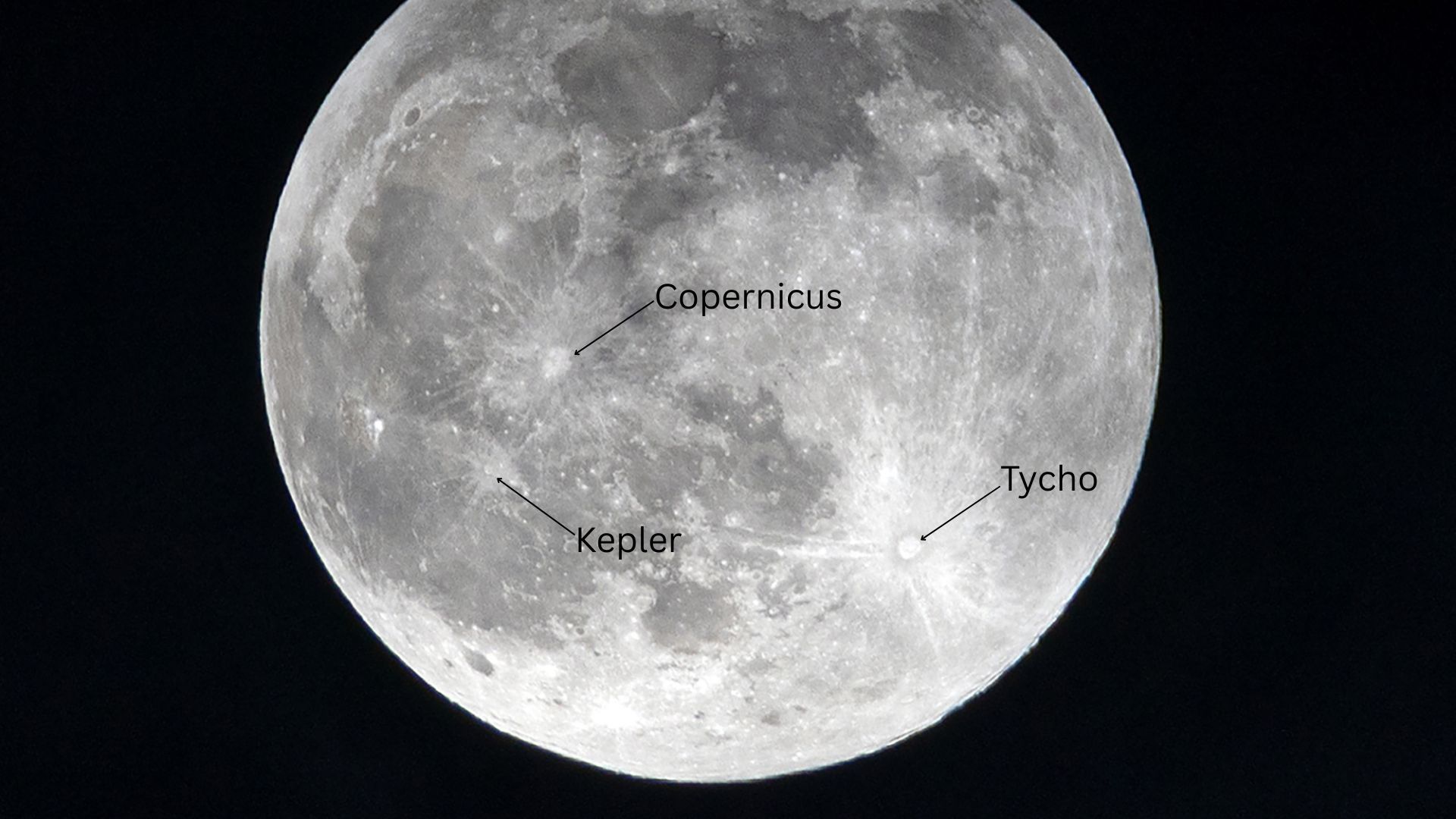 A photo of a full moon shining in a black sky with promenant craters labelled by name.